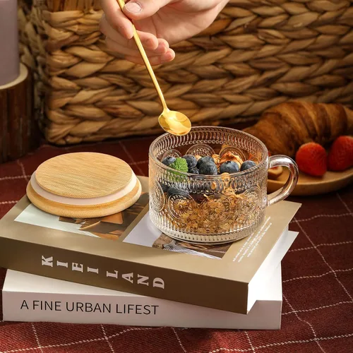 Miniatura 5 de Juego de 4 tazas de café vintage, regalos para mujeres, recipientes de avena durante la noche con tapas y cucharas de bambú, tazas de vidrio