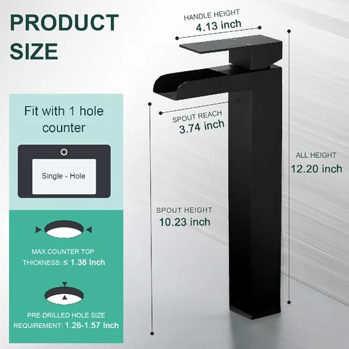 Miniatura 4 de Grifo de baño de cascada alto negro, grifo de fregadero Hanlde con boquilla de cascada, grifos de baño para 1 agujero, grifo mezclador de tocador