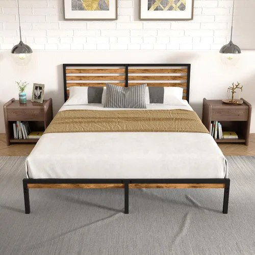 Marco de cama de tamaño matrimonial con combinación de madera y metal, plataforma estable con soporte de listones de acero, cama doble, no necesita