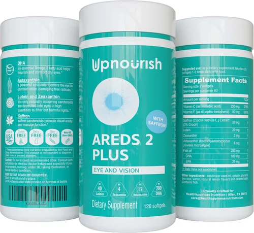 UpNourish AREDS 2 Plus Suplemento vitamínico para ojos, fórmula libre de zinc AREDS 2 con luteína, zeaxantina, azafrán, astaxantina y DHA - 120