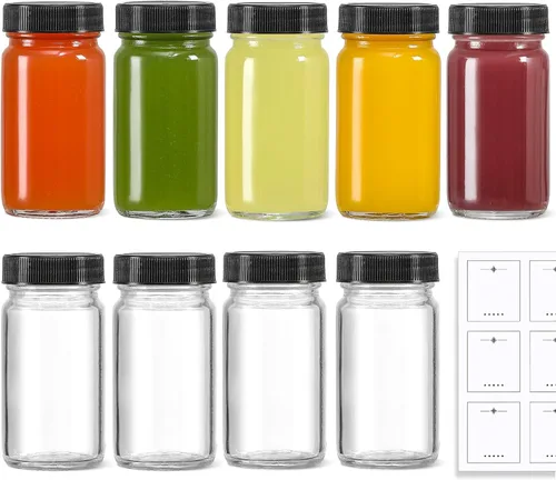 Miniatura 7 de Paquete de 9, botellas de vidrio de 2 onzas con tapas negras y 9 etiquetas, tarro pequeño transparente para jengibre, inyección de bienestar, jugo