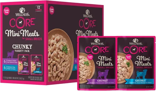 Wellness CORE - Mini comidas para razas pequeñas, paquete variado de alimentos húmedos para perros adultos, sin granos, natural, 3 onzas, paquete de