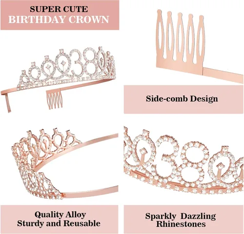 Miniatura 4 de Decoraciones de cumpleaños de 38 años para mujeres, incluyendo banda de cumpleaños, tiara/corona, velas numéricas y decoración de pastel, regalos