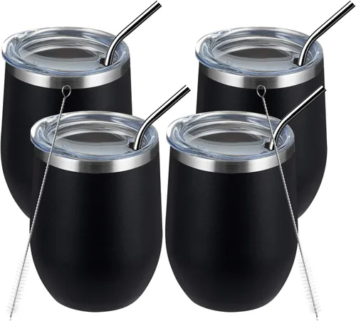 Miniatura 44 de MEWAY Vaso de vino sin tallo de 12 onzas con tapa, vaso de viaje de acero inoxidable con aislamiento de doble pared al vacío con popote, para Negro