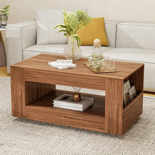 Miniatura 14 de Mesa de centro de grano de madera con estante abierto, mesa de cóctel moderna de alto brillo para sala de estar, dormitorio, oficina