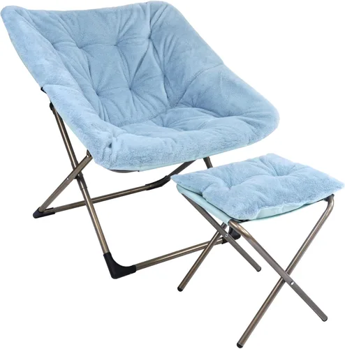 Kokel Silla plegable de felpa y otomana acolchada con marco de metal para sala de estar (BLUE-TM19)