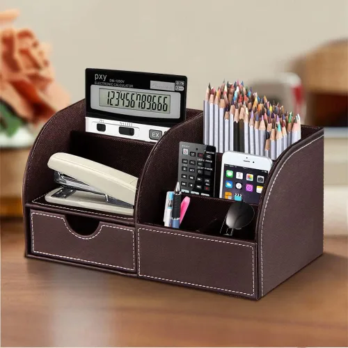 Miniatura 3 de Organizador de escritorio, organizador de escritorio de piel sintética y accesorios, suministros de oficina, almacenamiento multifuncional con 6