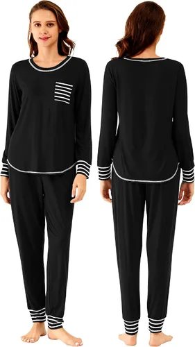 Miniatura 4 de WiWi Conjunto de pijama de viscosa de bambú para mujer, ropa de dormir de manga larga, suave, ropa de descanso, pantalones deportivos, conjuntos
