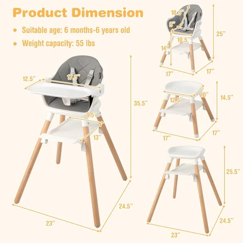 Miniatura 6 de BABY JOY Silla alta para bebé, silla alta convertible 6 en 1 de madera para bebés y niños pequeños con patas ajustables, doble bandeja extraíble