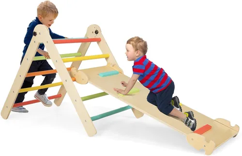 Costzon Juguetes de escalada para niños pequeños, 4 en 1 plegables de madera Montessori para niños, juguetes de escalada triangulares con rampa de