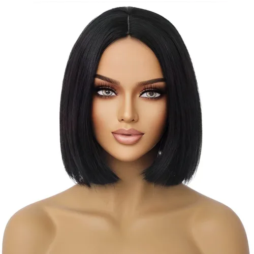 Miniatura 4 de Pelucas de cabello negro corto y lacio negro para mujer, peluca de cosplay con parte lateral, resistente al calor, pelucas sintéticas de aspecto