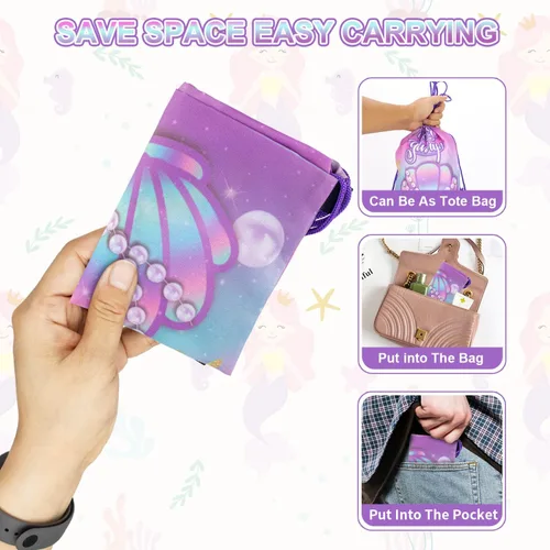 Miniatura 5 de Paquete de 12 bolsas con cordón para fiesta de sirena, para cumpleaños de niños, niñas, con cordón, mochila como bolsa de botín y regalos