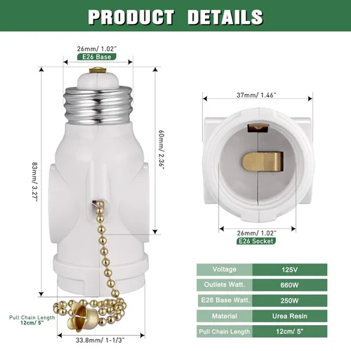 Miniatura 6 de Paquete de 2 adaptadores de enchufe de luz E26, convierte el enchufe de tornillo mediano en dos tomas de corriente con interruptor de cadena