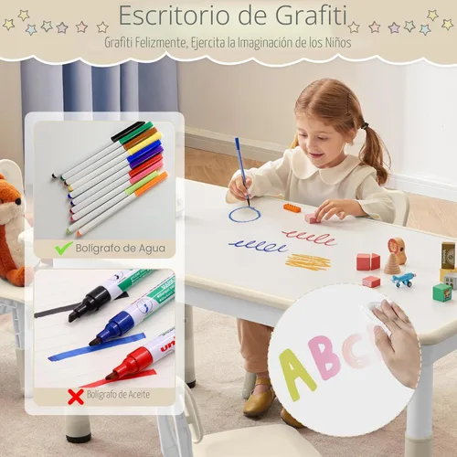 Miniatura 4 de DOREROOM Juego de mesa y 2 sillas para niños, mesa y sillas para niños pequeños de altura ajustable con escritorio de graffiti, 31.5 pulgadas