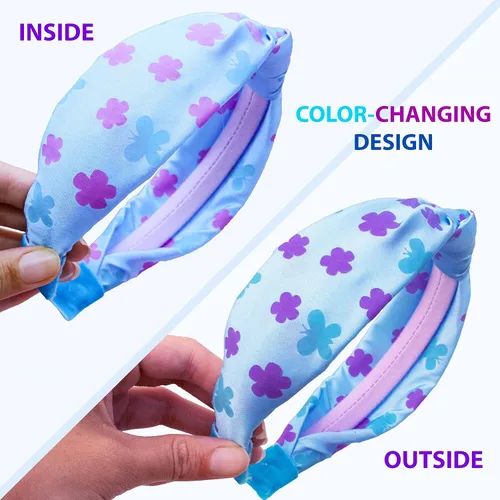 Miniatura 5 de FROG SAC Diadema de nudo azul que cambia de color para niñas, diademas de mariposa para niños, lindas bandas de pelo de flores anudadas de satén