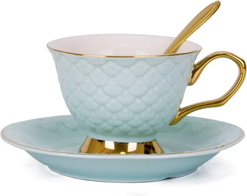 VanEnjoy Taza de Café Vintage Azul de 8 Onzas de Porcelana, Juego de Taza de Té y Platillo y Platillo con Patrón de Escala Decorativa, vintage