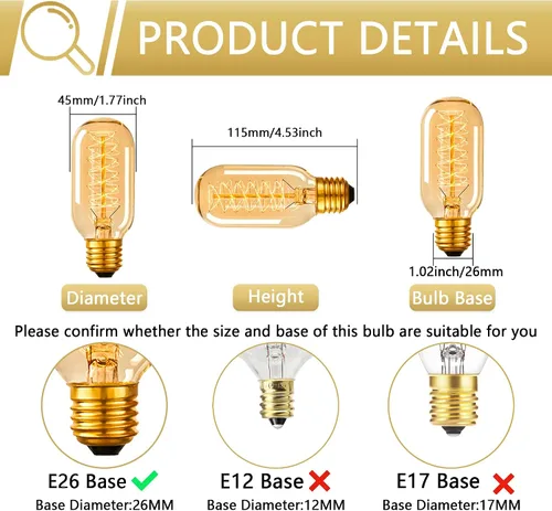 Miniatura 4 de Bombillas Edison incandescentes T45 retro de 40 W, 6 paquetes, 110-130 V, base E26 regulable, bombilla Edison 6 paquetes, 2200 K ámbar amarillo