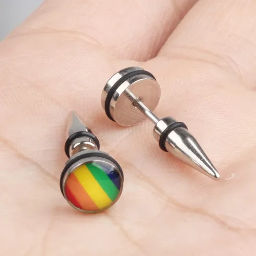 Miniatura 3 de Pendientes de tuerca de acero inoxidable 316L con orgullo gay lesbiano arco iris, triángulo redondo LGBT, aretes de tuerca de arco iris a la moda