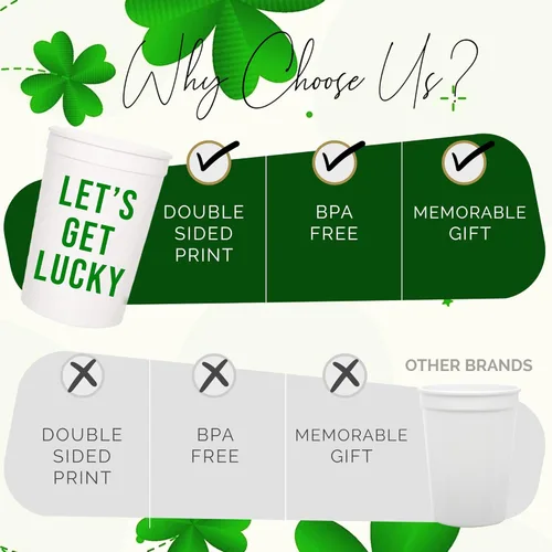 Miniatura 5 de Let's Get Lucky - Juego de tazas de plástico para el día de San Patricio, 12-16 onzas para recuerdos de fiesta y decoraciones temáticas de trébol