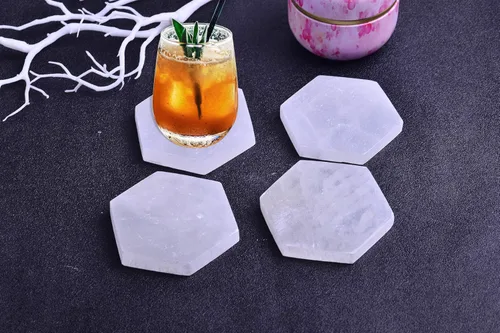 Miniatura 6 de AMOYSTONE 4 posavasos hexagonales pequeños de selenita marroquí y estación de carga de Reiki, placa de cristal plana/bandeja para equilibrio