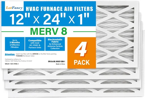 LotFancy Filtro de aire MERV 8 de 12 x 24 x 1, paquete de 4 unidades, tamaño real: 11.75 x 23.75 x 0.75 pulgadas, reemplazo plisado para horno y