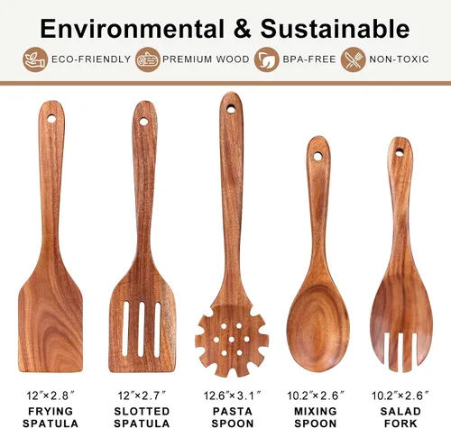 Miniatura 3 de Juego de 5 cucharas de madera para cocinar, espátulas de madera de teca, espátulas ranuradas para utensilios de cocina antiadherentes, cuchara