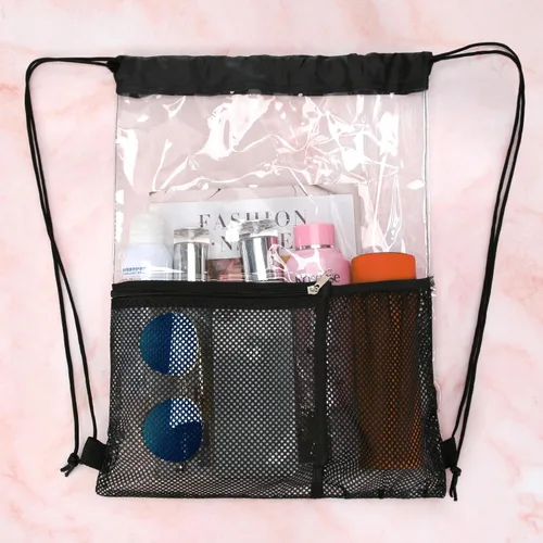 Miniatura 7 de Paquete de 2 bolsas transparentes con cordón aprobadas para estadios, mochila transparente de PVC con cordón, Negro -, Bolso de cordón transparente