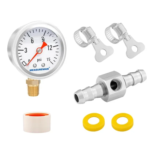 Miniatura 25 de MEASUREMAN - Manómetro, 0 a 15 psi, relleno glicerina, esfera 1.5 pulgadas, caja acero inoxidable 304, montaje central posterior 1/8 NPT, adaptador