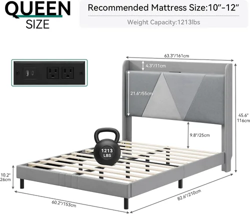 Miniatura 2 de YITAHOME Base de cama Queen con puertos tipo C y USB, plataforma tapizada de lino con cabecera de almacenamiento de lino, no necesita somier, sin
