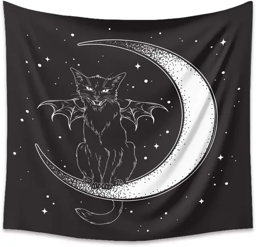 DYRLHZ Tapiz blanco y negro con alas de gato en luna, espeluznante hippie espeluznante monstruo espeluznante tapiz para colgar en la pared, para