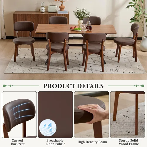 Miniatura 6 de Furniliving Juego de 4 sillas de comedor de madera de roble, sillas de cocina tapizadas de cuero moderno de mediados de siglo con madera maciza