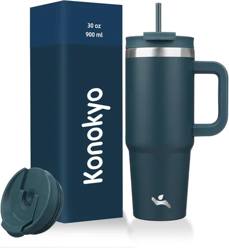 Miniatura 37 de Konokyo - Vaso de 40 onzas con asa y 2 pajillas, botella de agua aislada 2 en 1 con tapa. Taza de viaje de acero inoxidable para café, flores