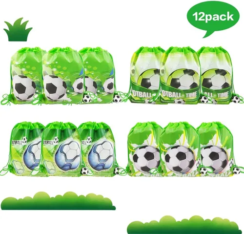 Miniatura 5 de Paquete de 12 bolsas de regalos de fiesta de cumpleaños con cordón de fútbol, bolsa de suministros de fiesta temática deportiva, paquete de regalo