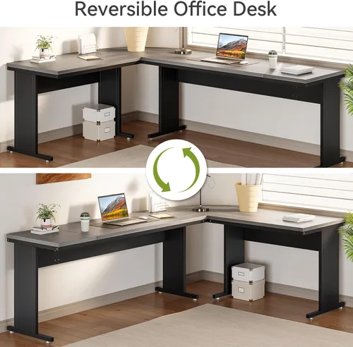 Miniatura 4 de LITTLE TREE Escritorio ejecutivo grande de 82.67 pulgadas de largo en forma de L para computadora con archivador móvil de 3 cajones, mueble