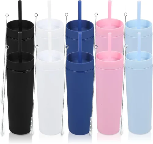 Miniatura 28 de Volhoply Vaso delgado de plástico de 16 onzas con tapa y pajita, paquete de 4 unidades, vasos aislados de doble pared de acrílico mate, sin BPA