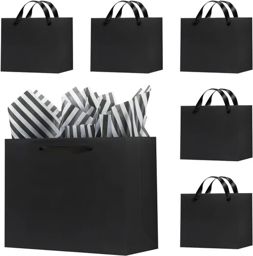 Miniatura 10 de Offizon 12 bolsas de regalo negras, bolsas de regalo con papel de seda