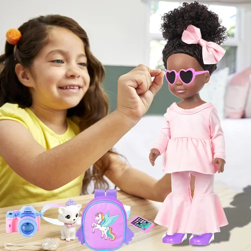 Miniatura 5 de Muñeca de silicona afroamericana de 14.5 pulgadas, muñeca realista de niña negra con 2 trajes, zapatos, mochila, cámara, lentes y accesorios