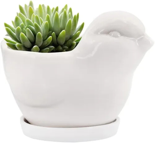 GeLive Maceta de Cerámica para Suculentas de Pájaro Blanco, Maceta para Plantas de Animales, Florero, Caja de Alféizar de Ventana para Bonsái con