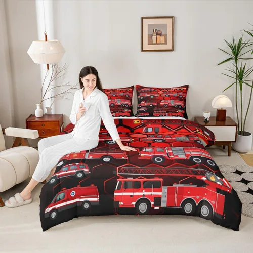 Miniatura 2 de Erosebridal Juego de edredón de camión de bomberos para niños, juego de ropa de cama de panal rojo brillante con diseño de panal de abeja