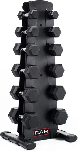 Miniatura 16 de CAP Juego de mancuernas hexagonales con revestimiento de goma con estante de almacenamiento, opciones de 100 a 210 libras, almacenamiento compacto