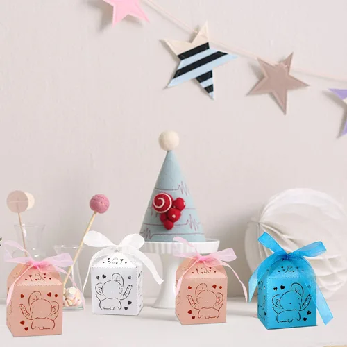 Miniatura 7 de Kslong Cajas azules de recuerdo de baby shower, 50 cajas de recuerdo de elefante para bebé niño, cajas de dulces cortadas con láser con cinta