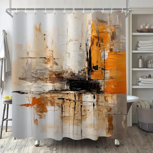 Miniatura 10 de Cortina de ducha negra y beige para baño, juego de cortina de ducha boho blanco, marrón, beige y crema, pintura al óleo abstracta de tela moderna