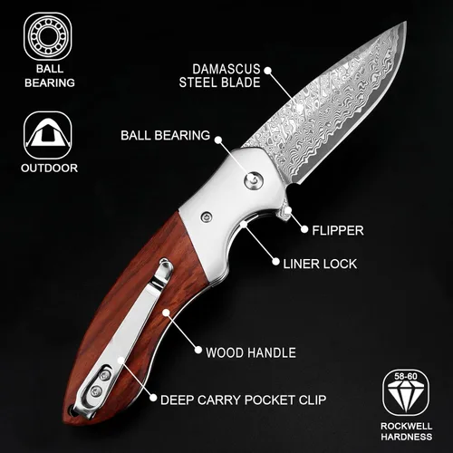 Miniatura 3 de KOMWERO Cuchillo de bolsillo de Damasco, cuchillo afilado de acero de damasco con núcleo VG10 de hoja de acero mango de madera, cuchillo plegable