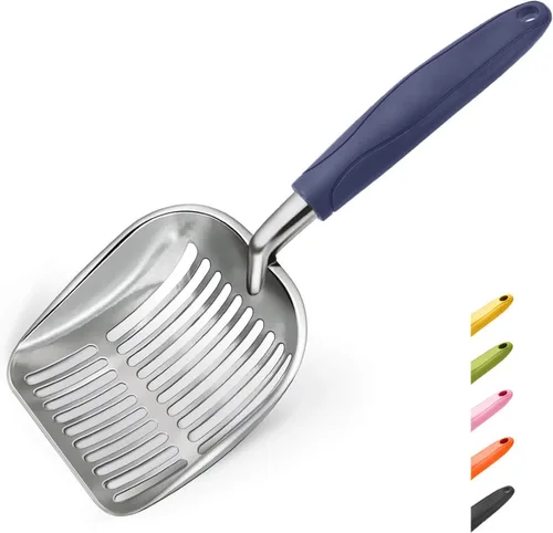 Miniatura 5 de WePet Cuchara de arena para gatos, tamiz de aleación de aluminio, pala de metal profunda, mango largo, tamizado de excrementos, levantador de heces