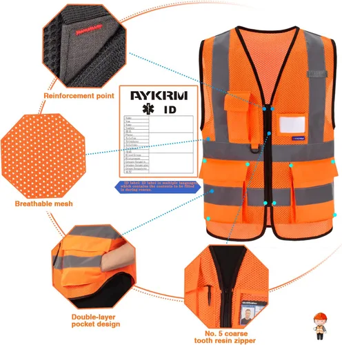 Miniatura 5 de A-SAFETY Chaleco reflectante de seguridad de malla de alta visibilidad con bolsillos y cremallera, chaleco de seguridad reflectante Hi Vis Viz