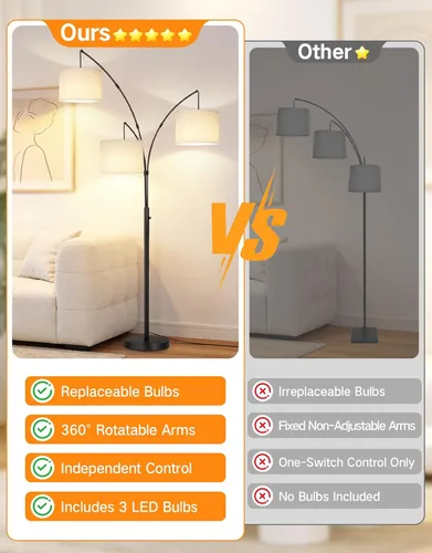 Miniatura 2 de OUTON Lámpara de pie LED de arco, lámpara de pie alta moderna negra de 3 luces para dormitorio, 2400lm lámparas de esquina de pie ajustables