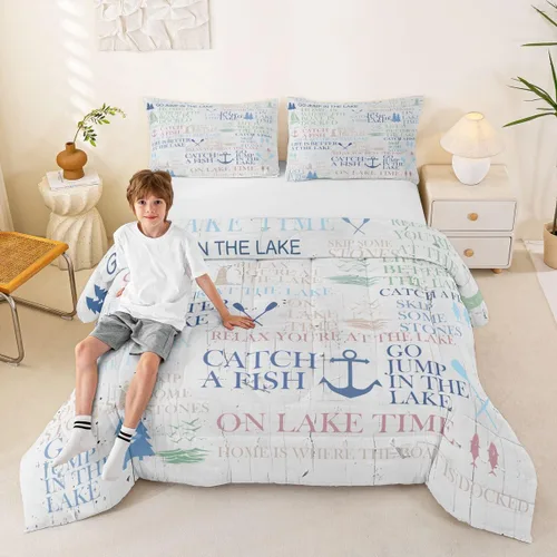 Miniatura 3 de Juego de edredón Lake House tamaño Twin, juego de ropa de cama náutica de navegación con ancla de 2 piezas para decoración de habitación de niños