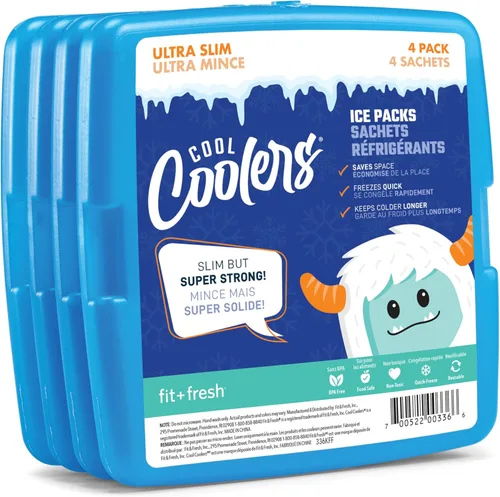 Cool Coolers by Fit + Fresh, 4 Pack Slim Ice Packs, Space Saving Reusable Ice Packs for Lunch Boxes or Coolers Azul (paquete de 4)