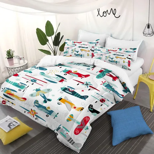 Miniatura 3 de Yasida Juego de edredón de avión para niños, tamaño individual, juego de ropa de cama de avión de dibujos animados coloridos para niños