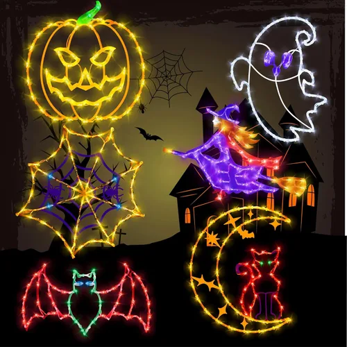 Decoraciones de Luces de Siluetas para Ventana de Halloween de 16" - Paquete de 6 Colores Iluminados Gato en Luna y Fantasma y Telaraña y Calabaza y